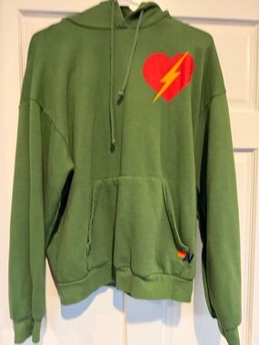 Aviator Nation Green Hoodie with Red Heart & Yellow Lightning